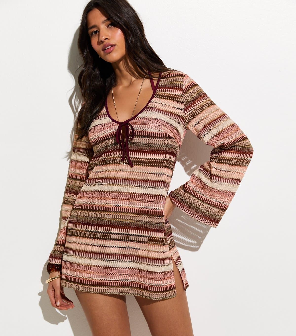 New Look Women's Pink Stripes Crochet Kaftan Beach Mini Dress New Look