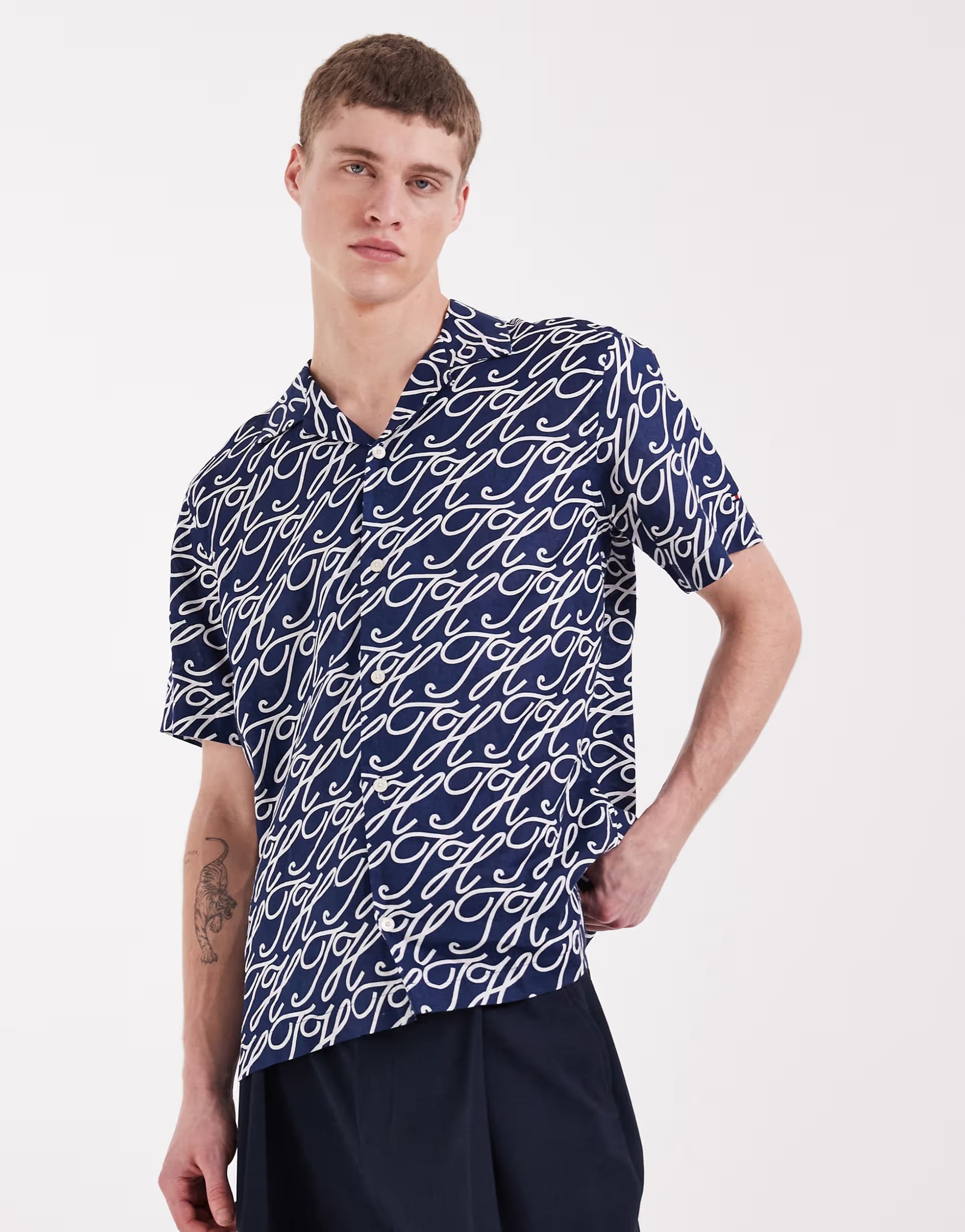 ASOS Tommy Hilfiger linen camp collar short sleeve shirt in navy print