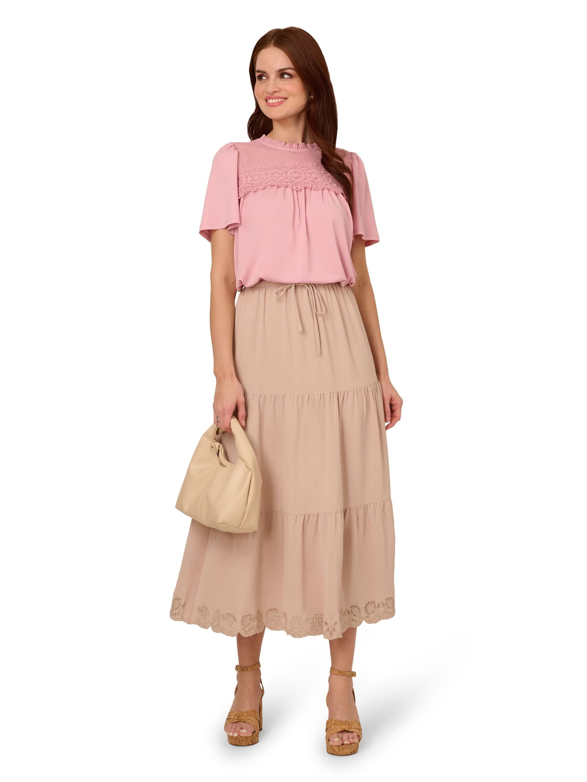 Adrianna Papell Adrianna Papell Women's Pull On Drawstring Airflow Tiered Skirt W/ Embroidered Hem in Beige