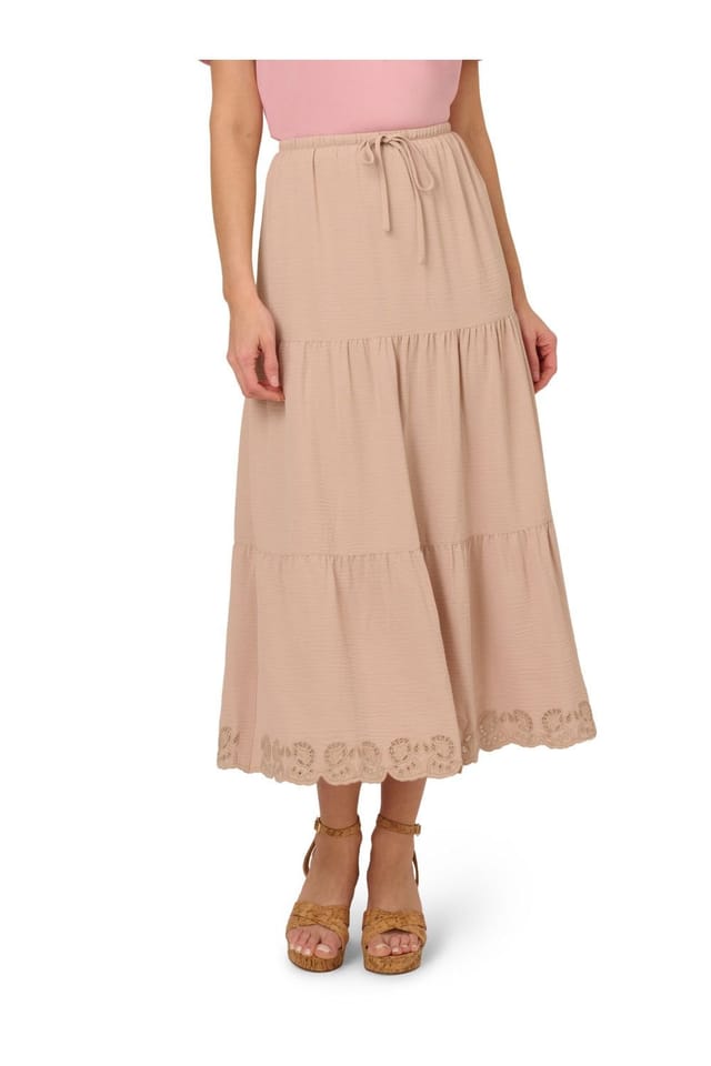 Adrianna Papell Adrianna Papell Women's Pull On Drawstring Airflow Tiered Skirt W/ Embroidered Hem in Beige - 2