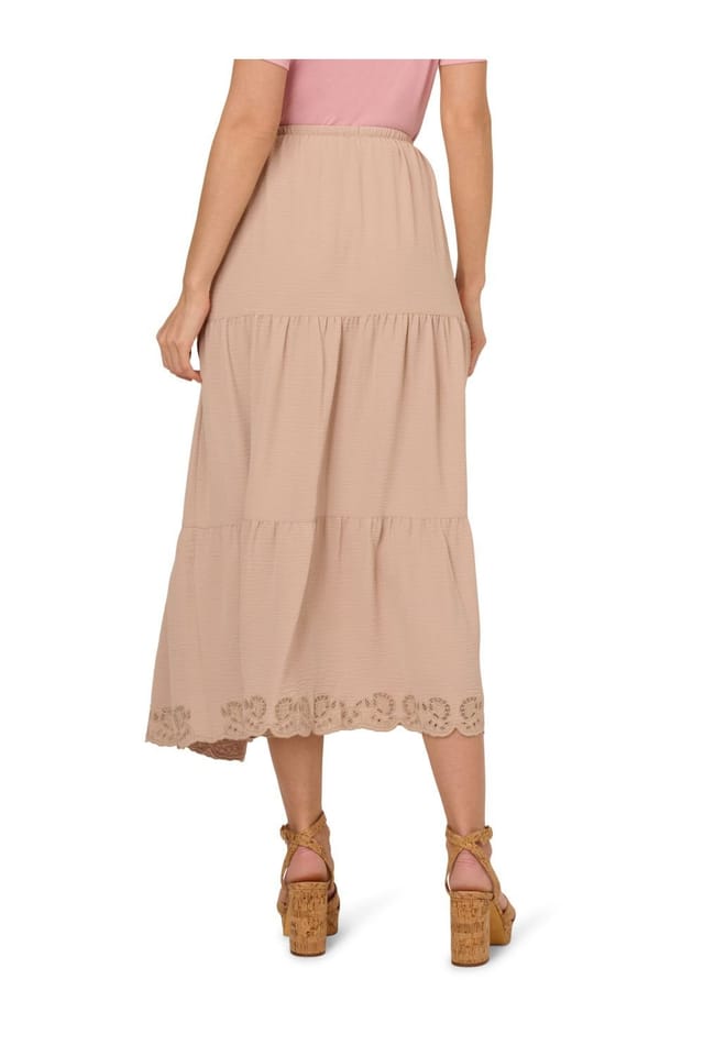 Adrianna Papell Adrianna Papell Women's Pull On Drawstring Airflow Tiered Skirt W/ Embroidered Hem in Beige - 3