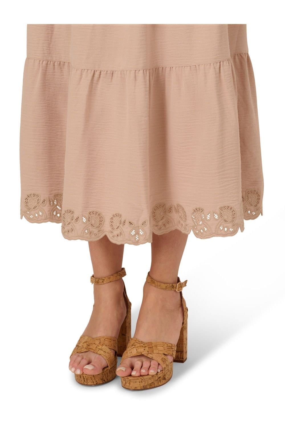 Adrianna Papell Adrianna Papell Women's Pull On Drawstring Airflow Tiered Skirt W/ Embroidered Hem in Beige - 4
