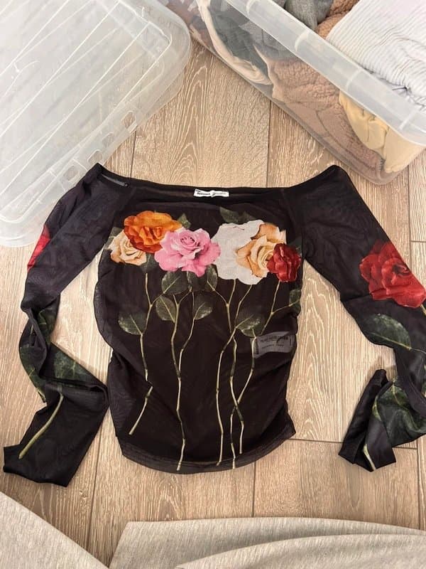 Bershka Black rose sheer long sleeve top bershka