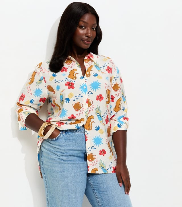 New Look Women's Plus Size Cream Animal and Flower Print Shirt Curves New Look - 2