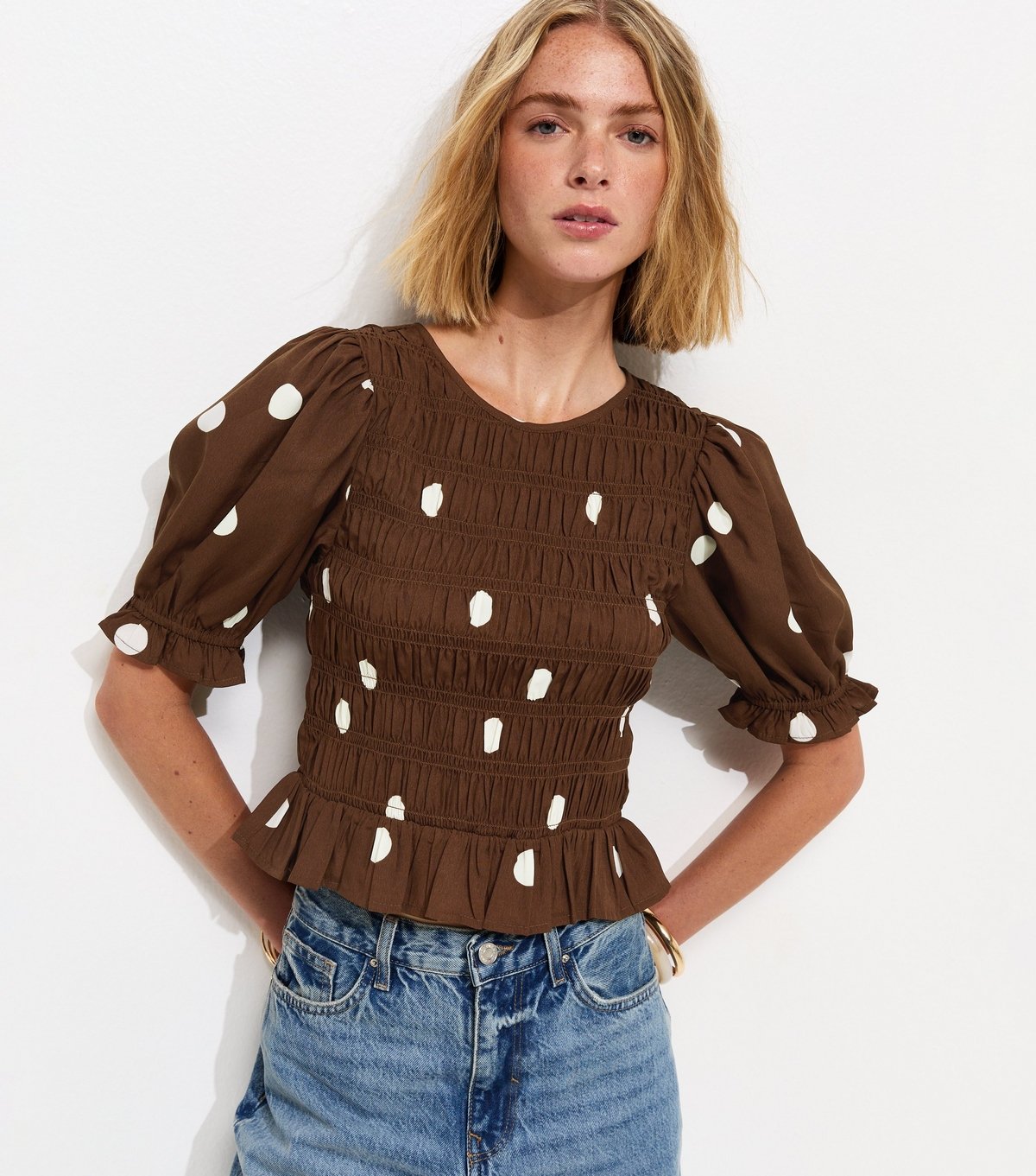 New Look Women's Brown Crepe Spot Print Shirred Top New Look - 2