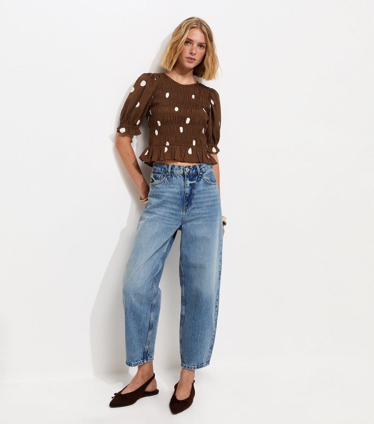 New Look Women's Brown Crepe Spot Print Shirred Top New Look - 3