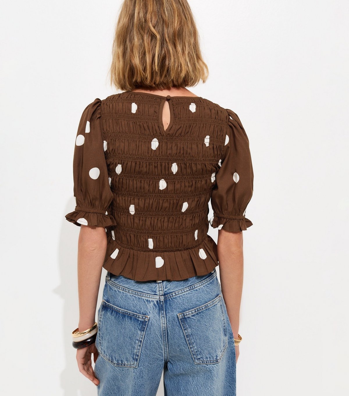 New Look Women's Brown Crepe Spot Print Shirred Top New Look - 4