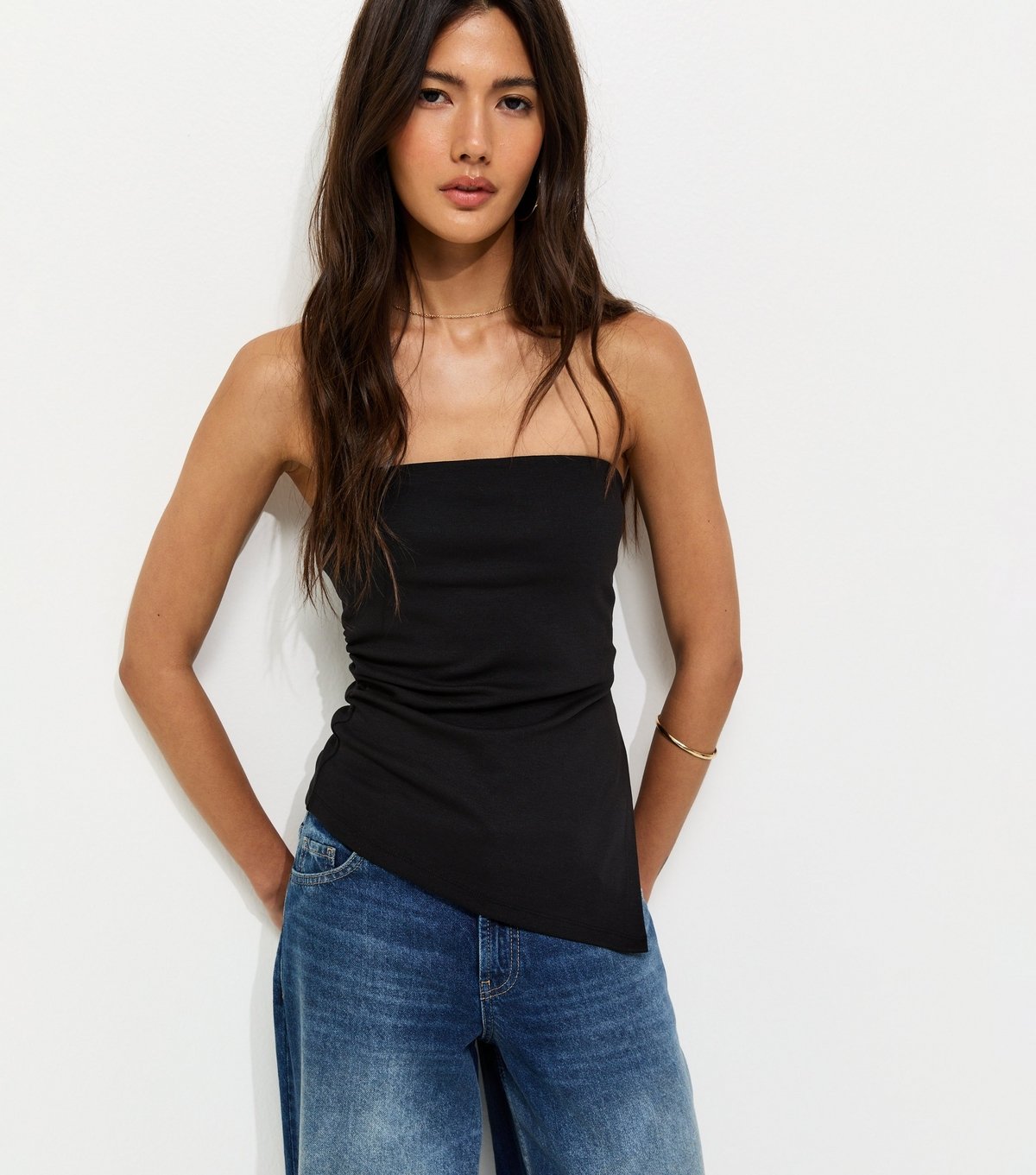 New Look Women's Black Asymmetric Ruched Side Bandeau Top New Look - 2