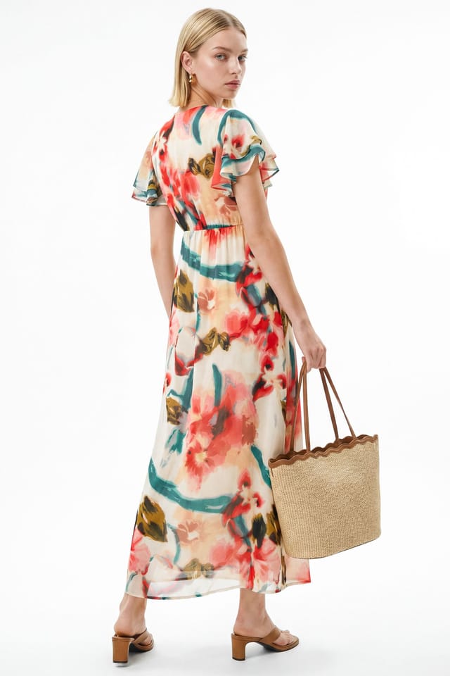 Lovedrobe Lovedrobe Women's Abstract Floral Print V Neck Flutter Sleeve Midaxi Dress - 2