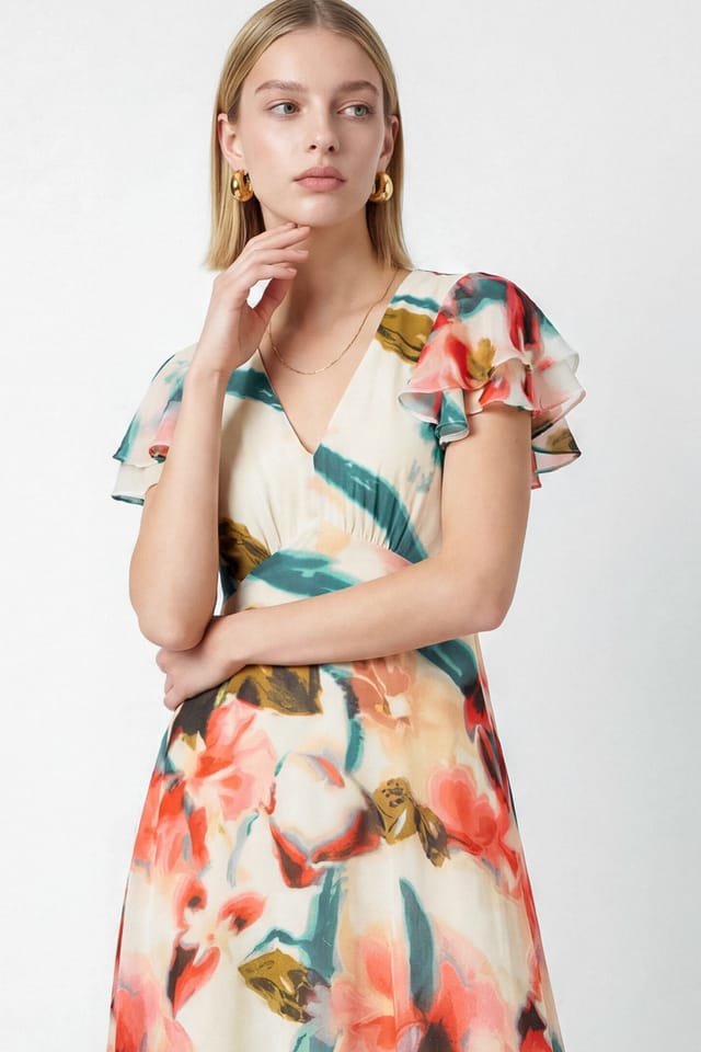 Lovedrobe Lovedrobe Women's Abstract Floral Print V Neck Flutter Sleeve Midaxi Dress - 3