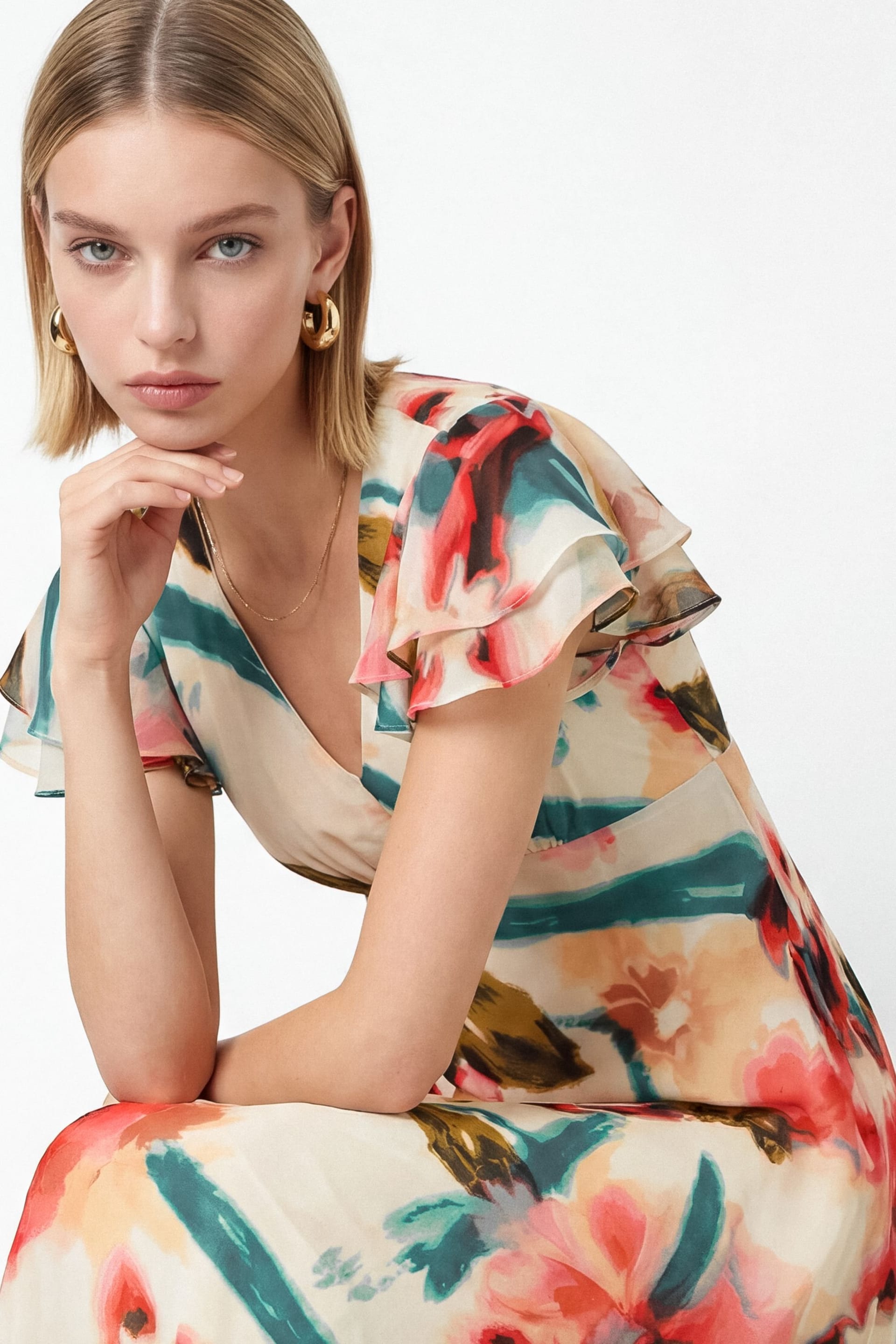 Lovedrobe Lovedrobe Women's Abstract Floral Print V Neck Flutter Sleeve Midaxi Dress - 4