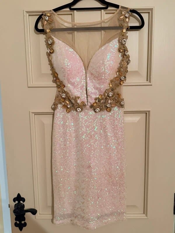 Source Unknown White sequin dress with ornate embellishments