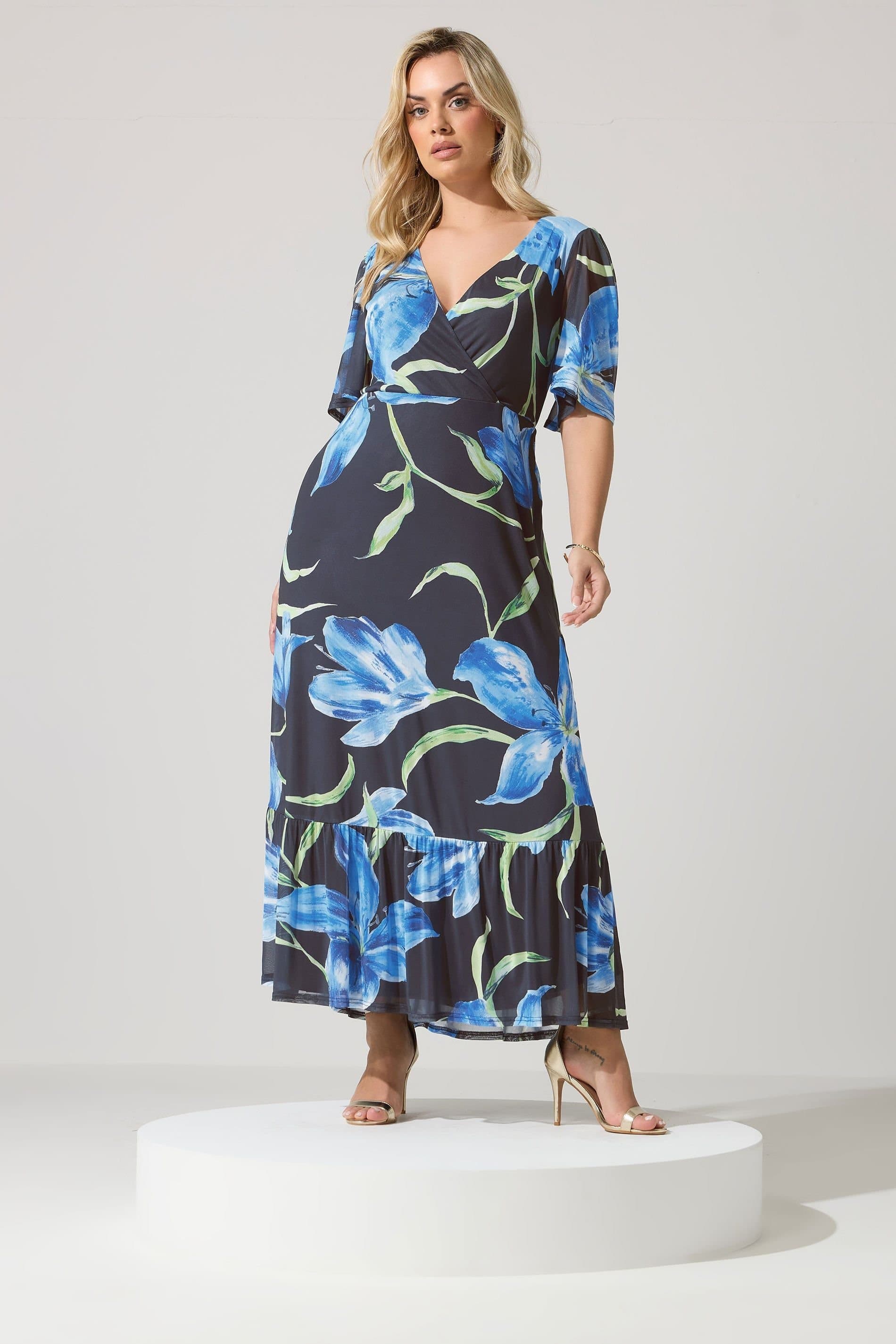 Yours Yours Women's Floral Wrap Ruffle Hem Dress in Dark Navy