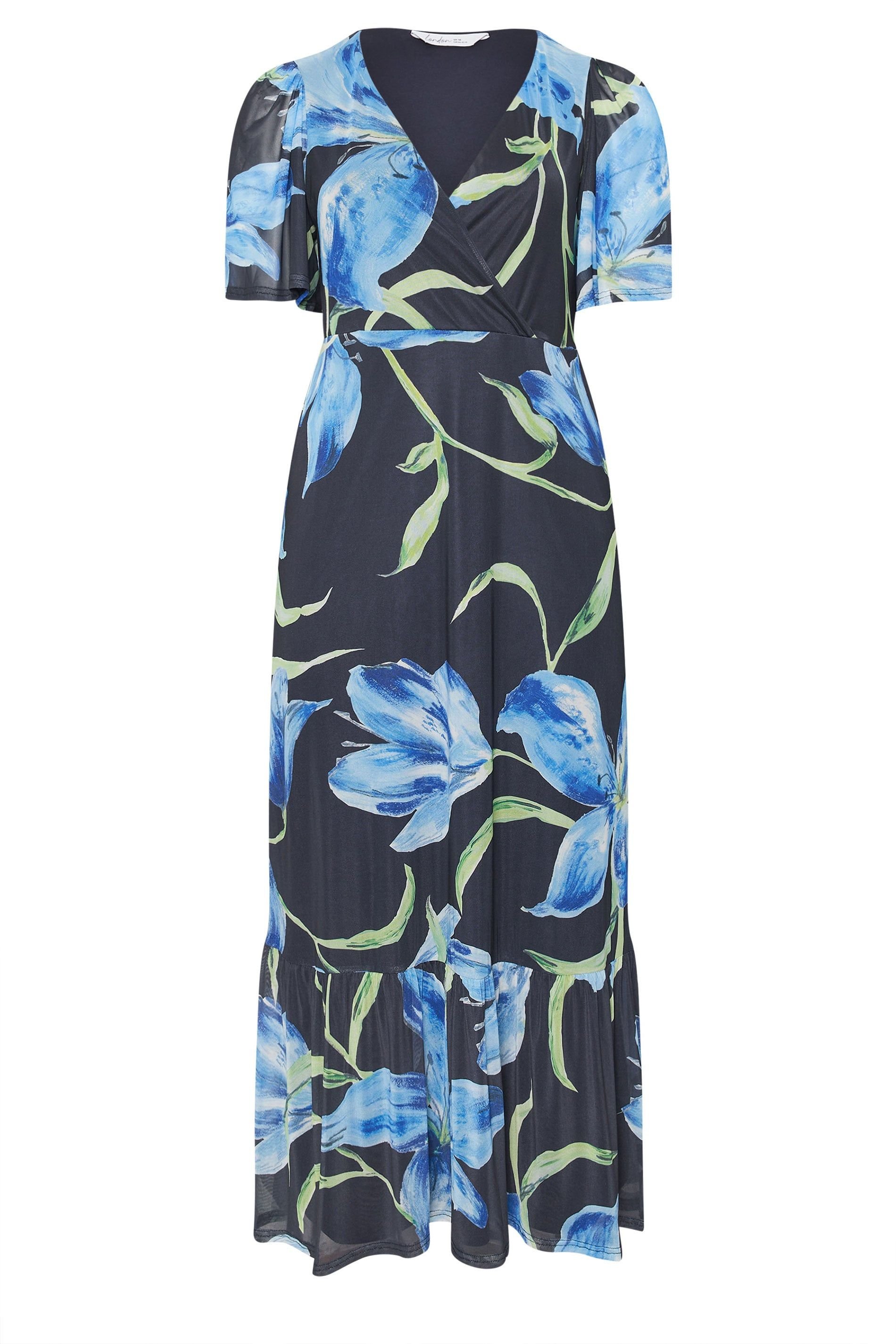 Yours Yours Women's Floral Wrap Ruffle Hem Dress in Dark Navy - 2