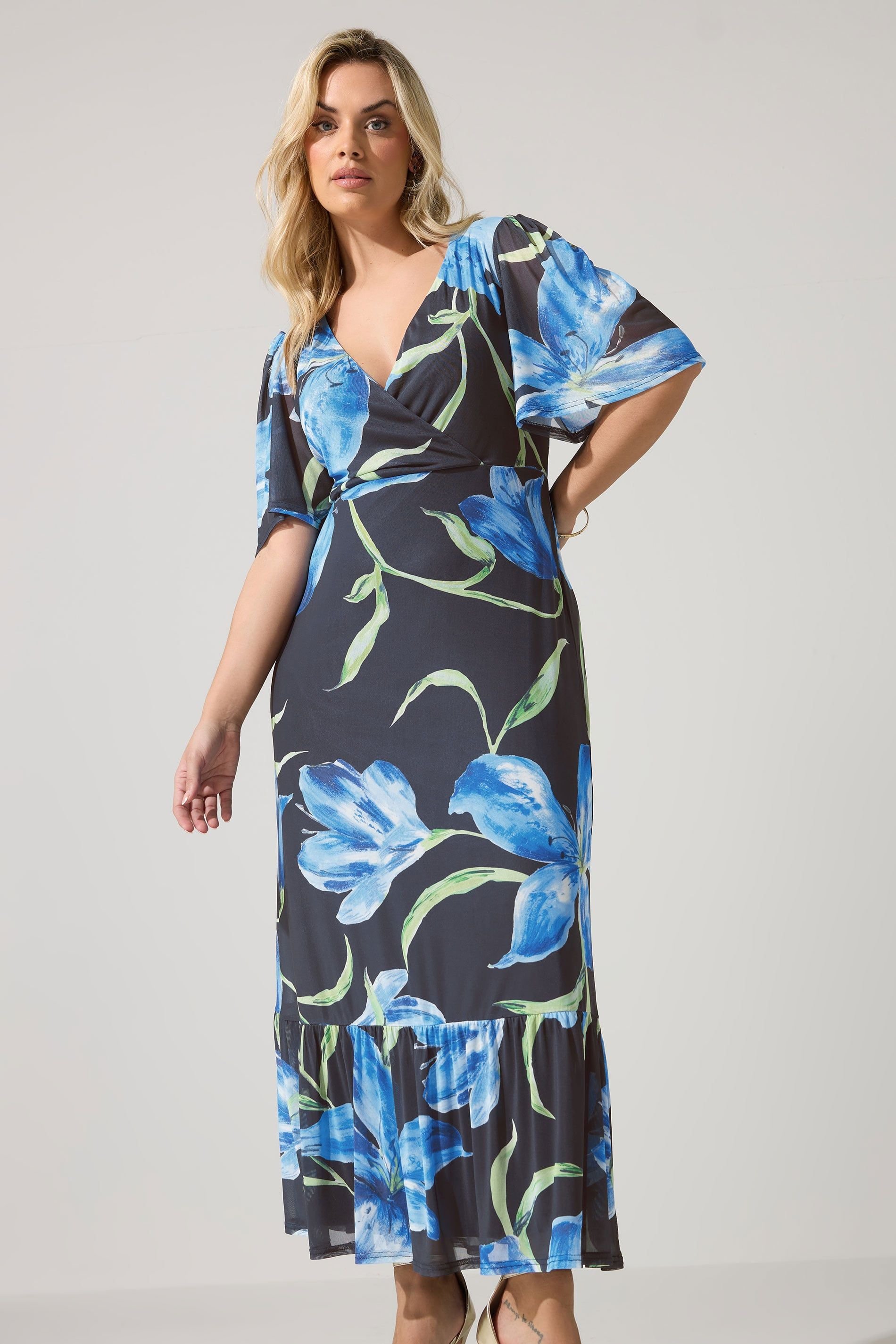 Yours Yours Women's Floral Wrap Ruffle Hem Dress in Dark Navy - 4