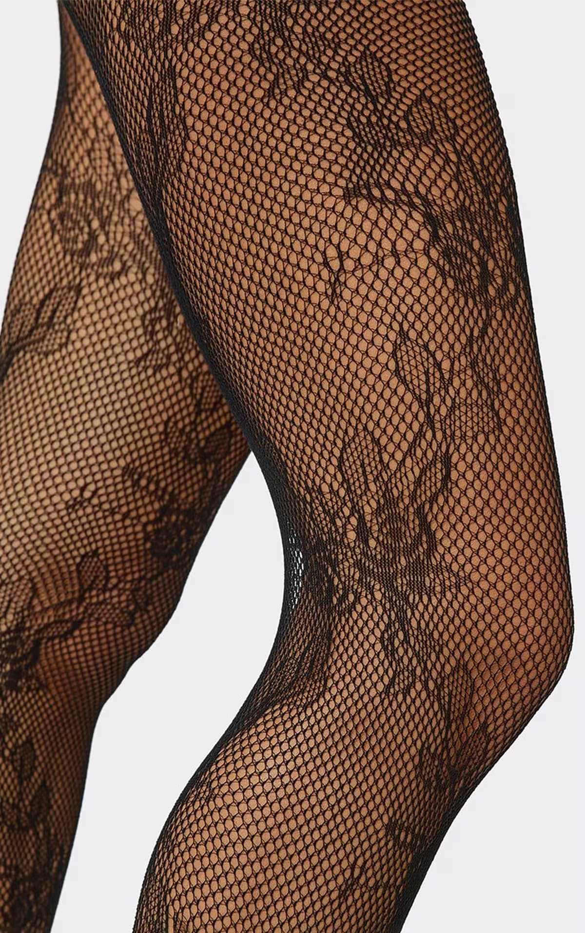 EGO Rose Flower Detail Tights In Black Fishnet, Women's Size UK 0