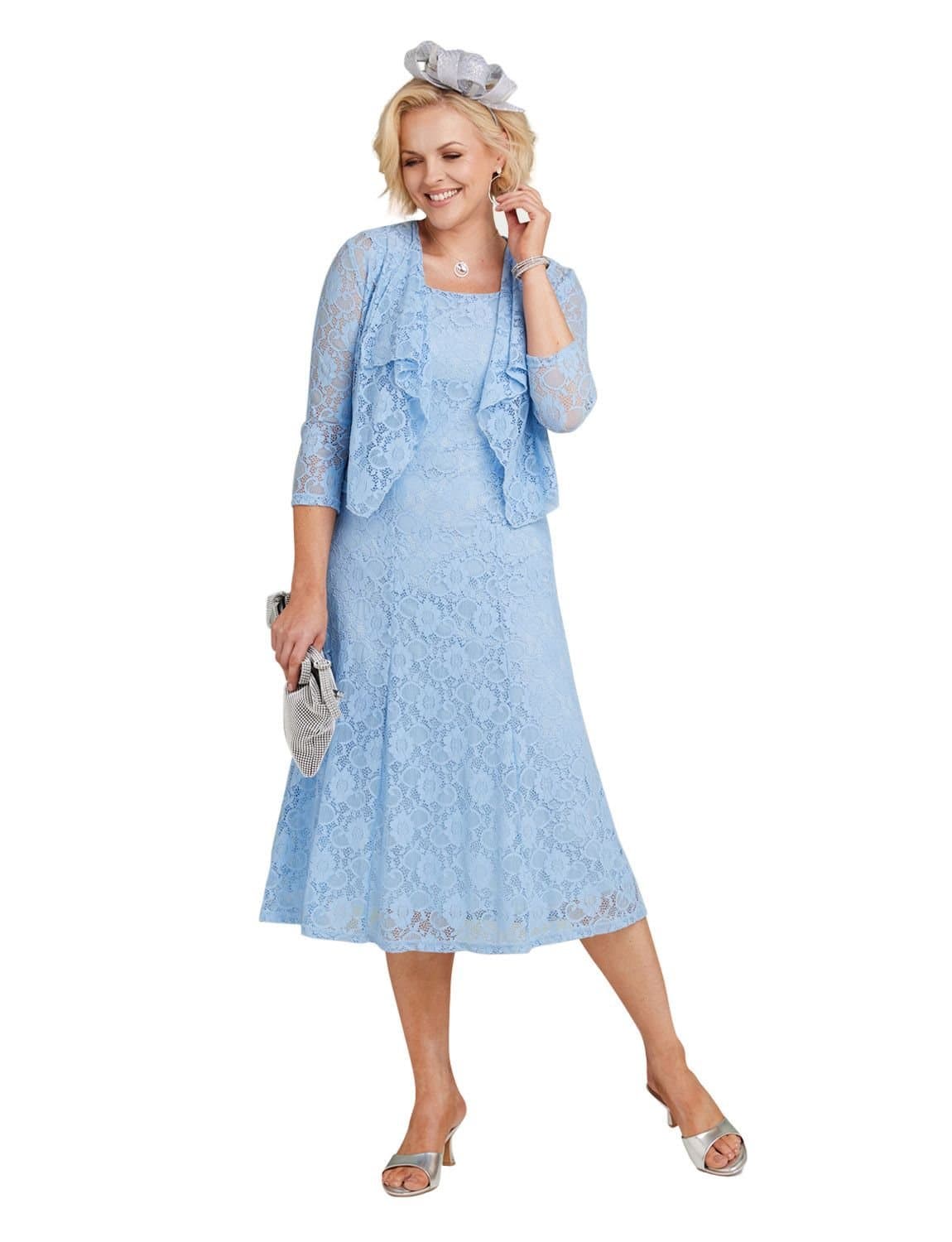 Amber Amber Women's Elegant Lace Dress & Jacket Set Sleeveless Fit in Light Blue