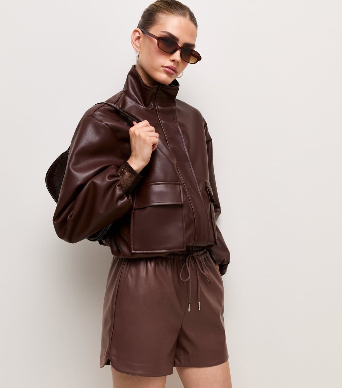 New Look Women's Dark Brown Faux Leather Drawstring Tie Shorts New Look