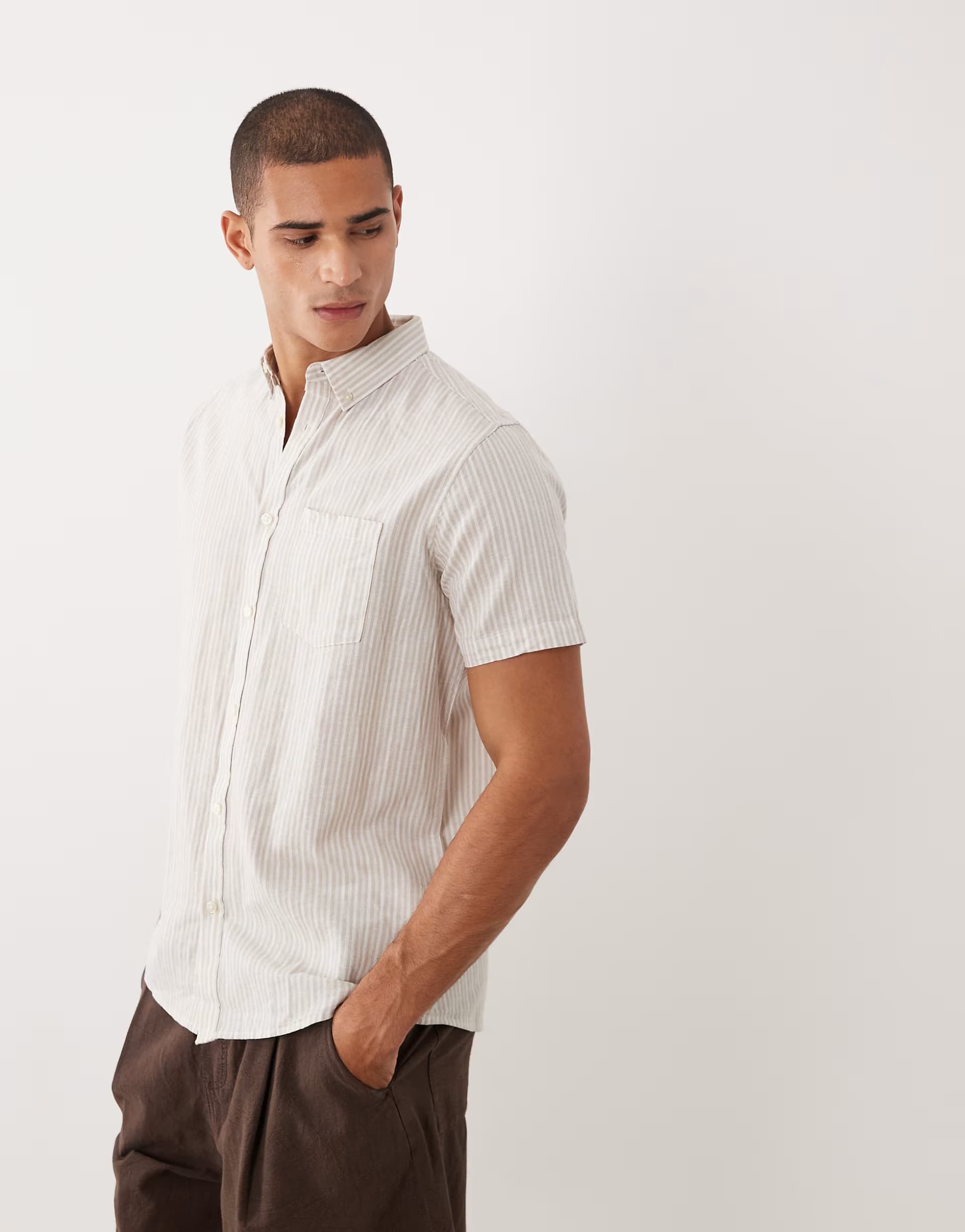 ASOS Threadbare short sleeve stripe shirt in white and stone