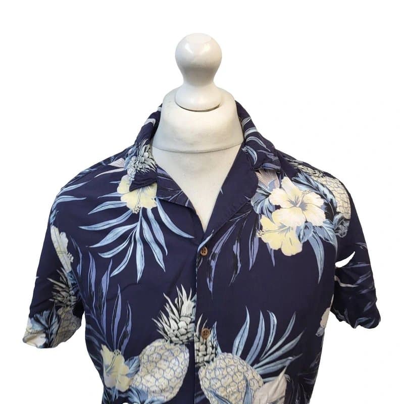 ASOS Connor Shirt Blue Pineapple Retro Print Viscose Short Sleeve Men's S