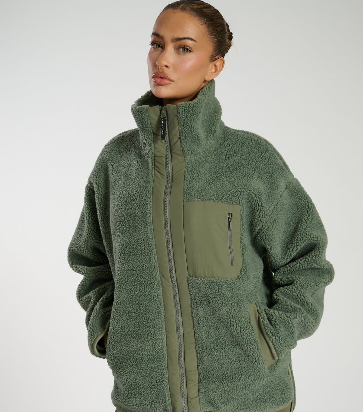 South Beach Women's Khaki High Neck Borg Jacket South Beach New Look