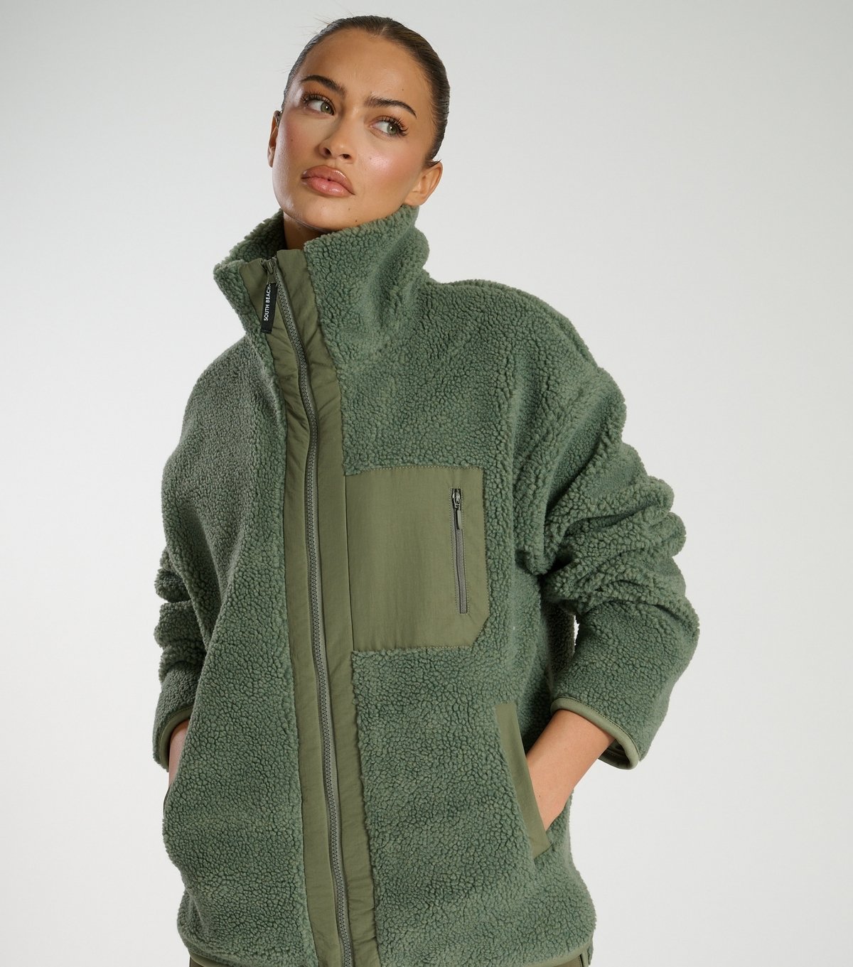 South Beach Women's Khaki High Neck Borg Jacket South Beach New Look - 4