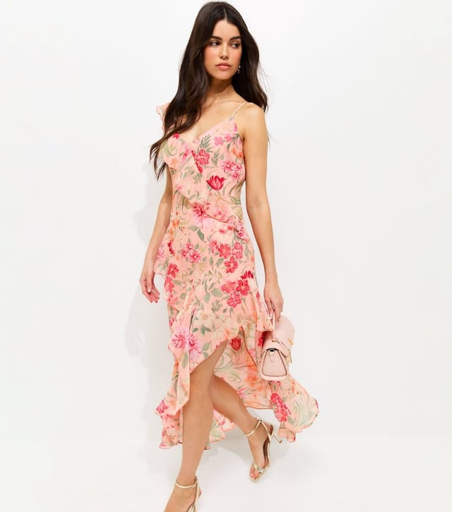 New Look Women's Pink Floral Chiffon Ruffled Midi Dress New Look - 3