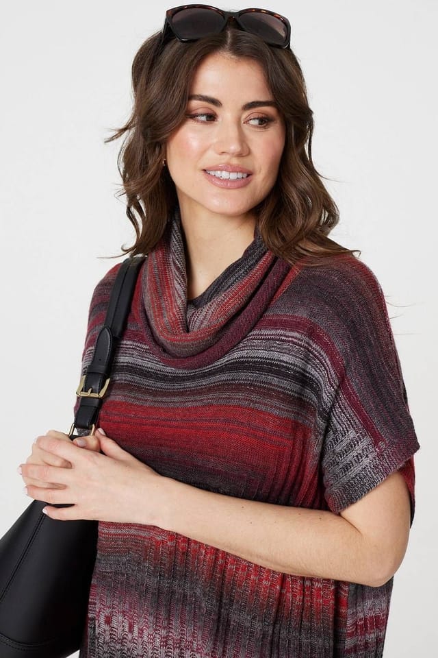 Izabel London Izabel London Women's Striped Cowl Neck Oversized Knit Top in Red - 3