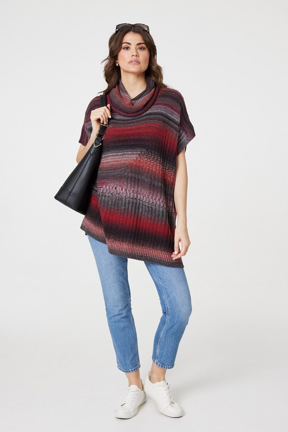 Izabel London Izabel London Women's Striped Cowl Neck Oversized Knit Top in Red - 4