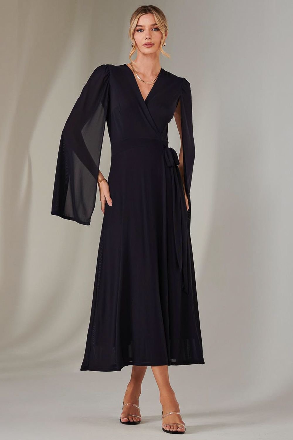 Jolie Moi Jolie Moi Women's Amira Cape Sleeve Wrapped Maxi Dress in Navy - 2