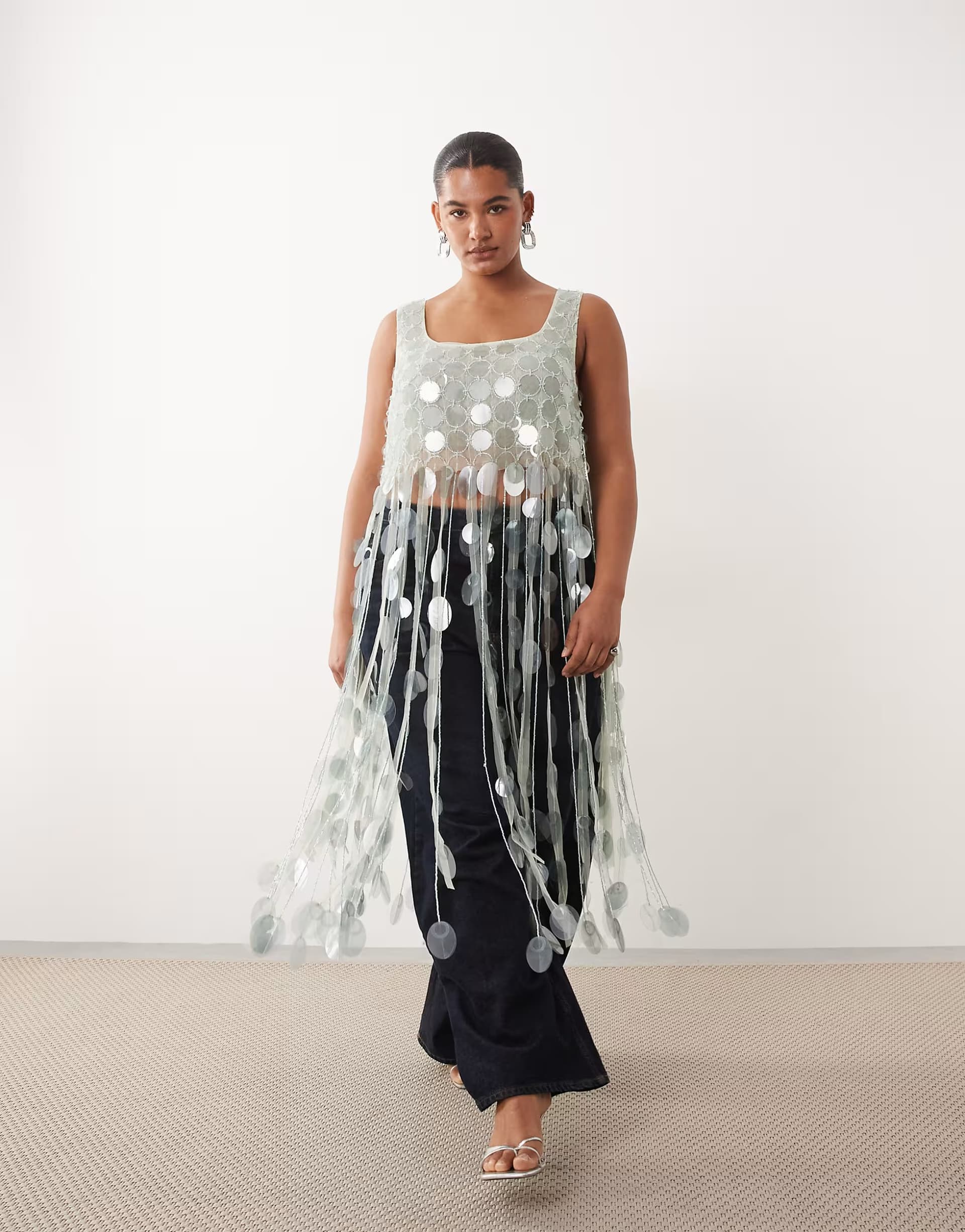 ASOS ARRANGE Curve futurist sequin crop top with long 3D fringe hem in icy blue