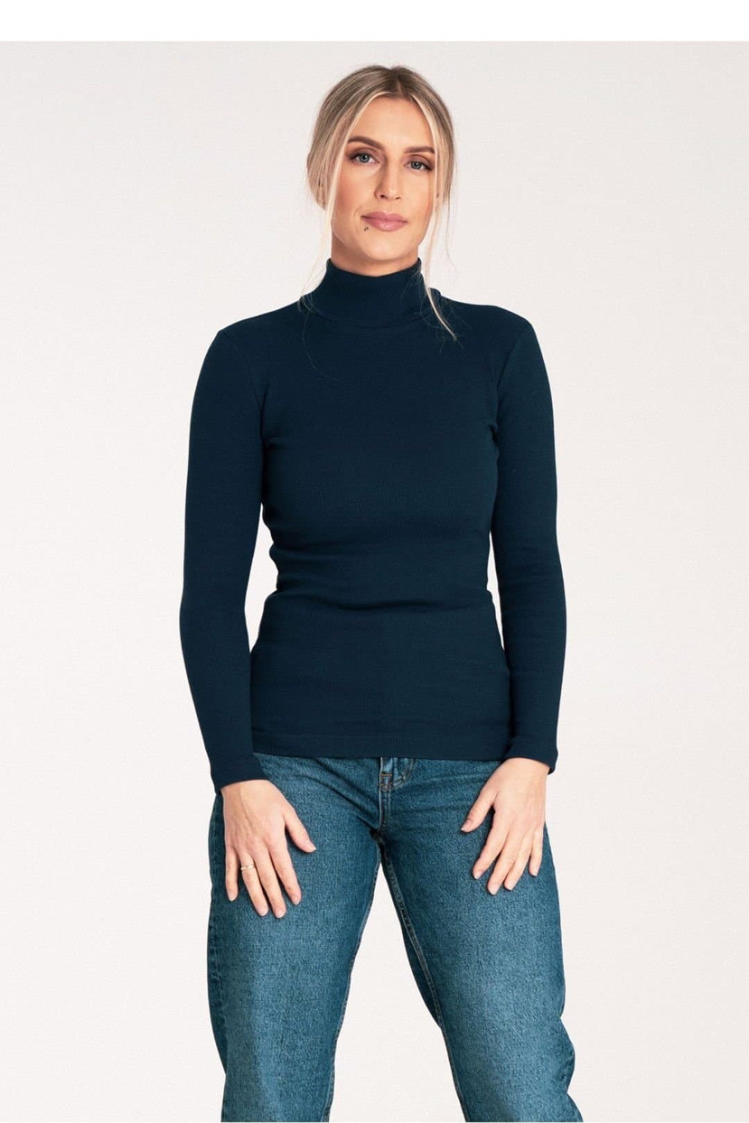 Love Lace Love Lace Blue Cotton Ribbed Turtleneck Top