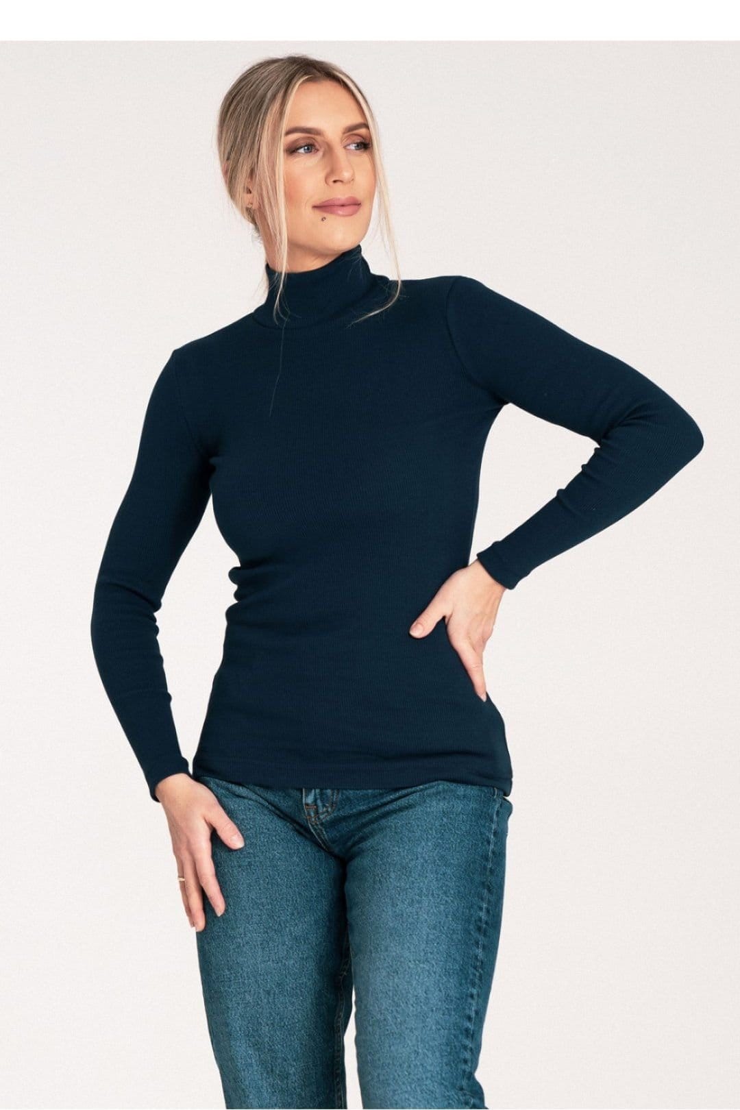Love Lace Love Lace Women's Classic Cotton Ribbed Long Sleeve Turtleneck in Blue - 4