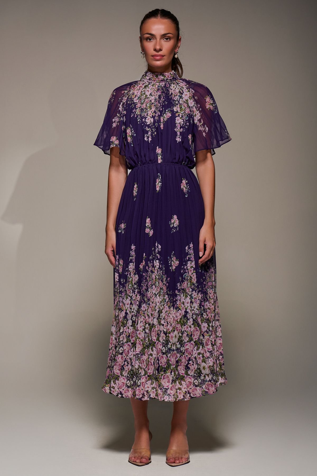 Jolie Moi Jolie Moi Women's High Neck Short Sleeve Pleated Chiffon Dress in Purple - 2