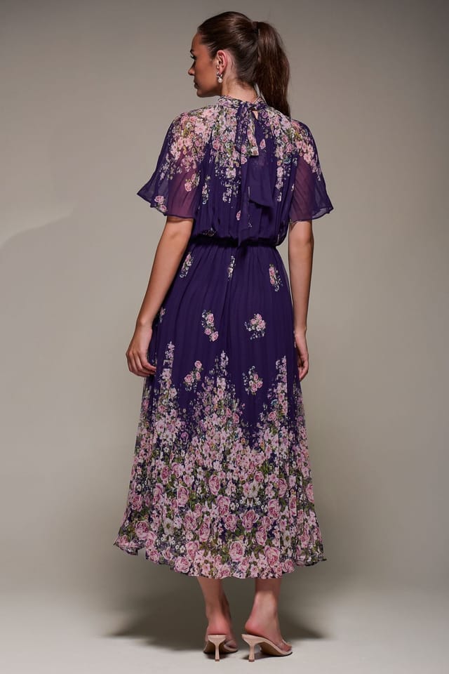Jolie Moi Jolie Moi Women's High Neck Short Sleeve Pleated Chiffon Dress in Purple - 2