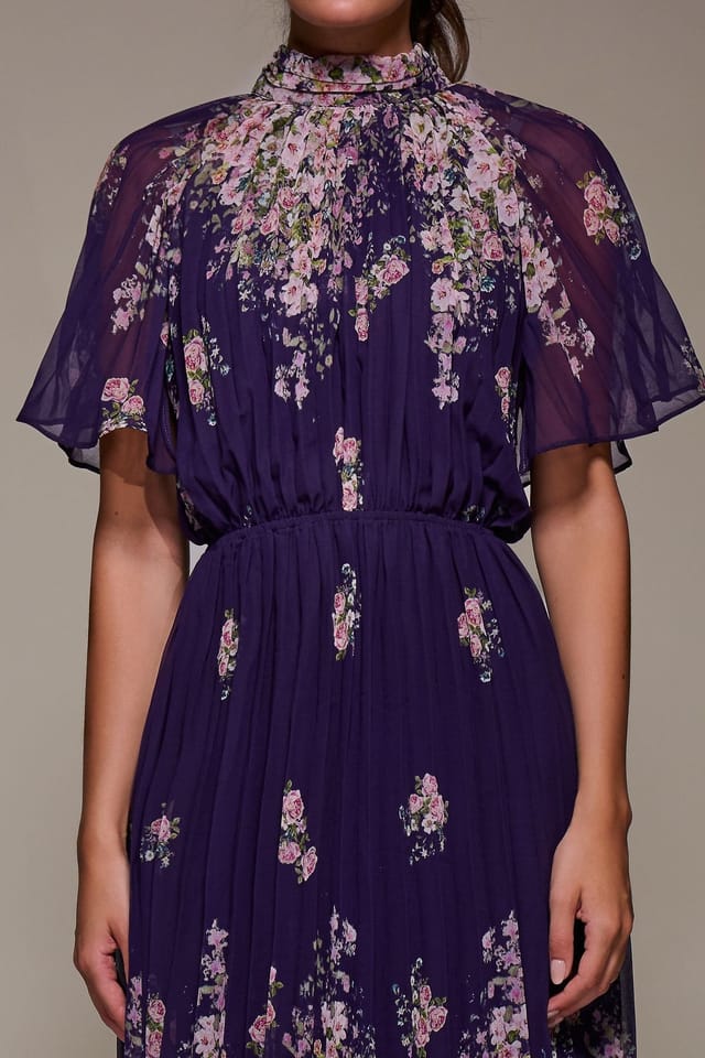 Jolie Moi Jolie Moi Women's High Neck Short Sleeve Pleated Chiffon Dress in Purple - 3