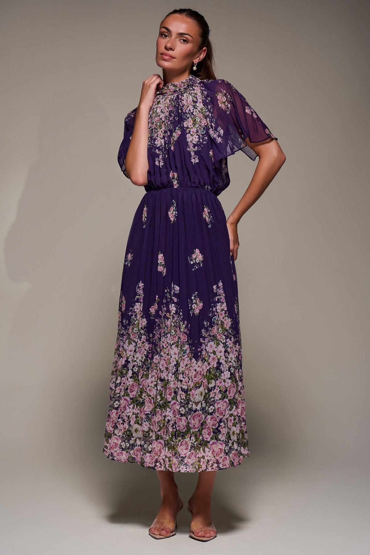 Jolie Moi Jolie Moi Women's High Neck Short Sleeve Pleated Chiffon Dress in Purple - 4