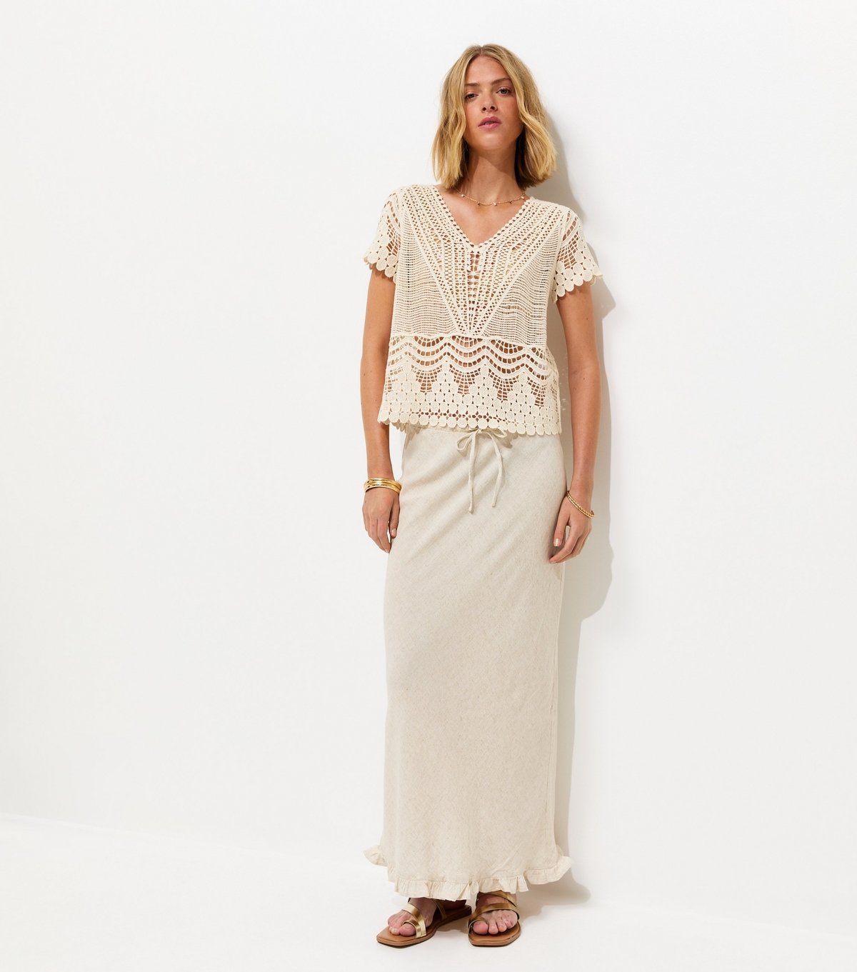 New Look Women's Cream Cotton Crochet V Neck Top New Look - 3