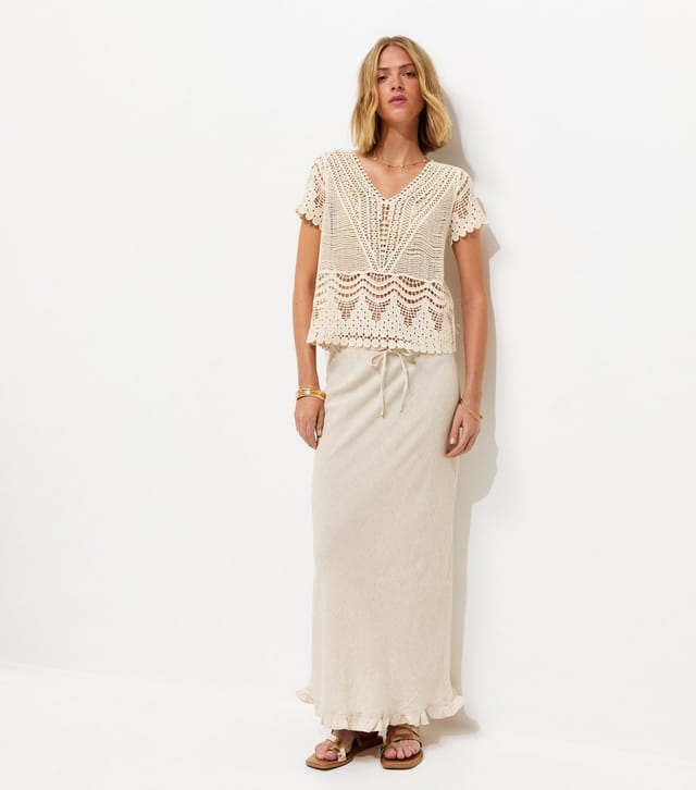 New Look Women's Cream Cotton Crochet V Neck Top New Look - 3