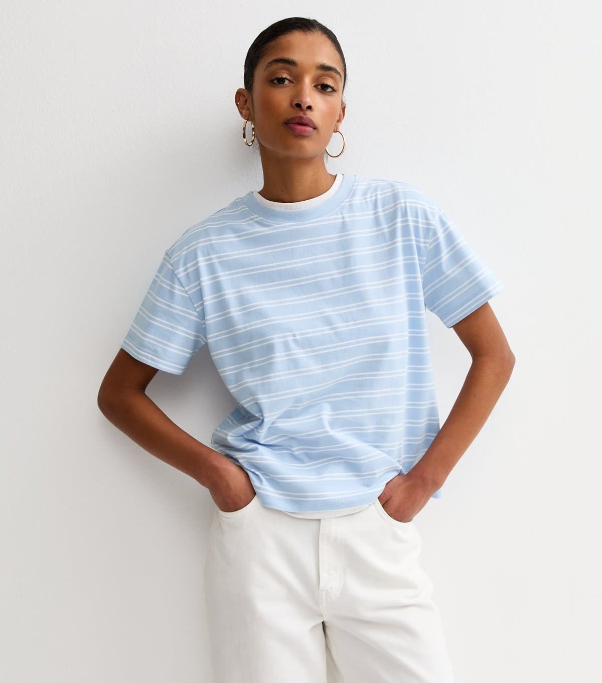 New Look Women's Blue Cotton Striped Crew Neck T-Shirt New Look