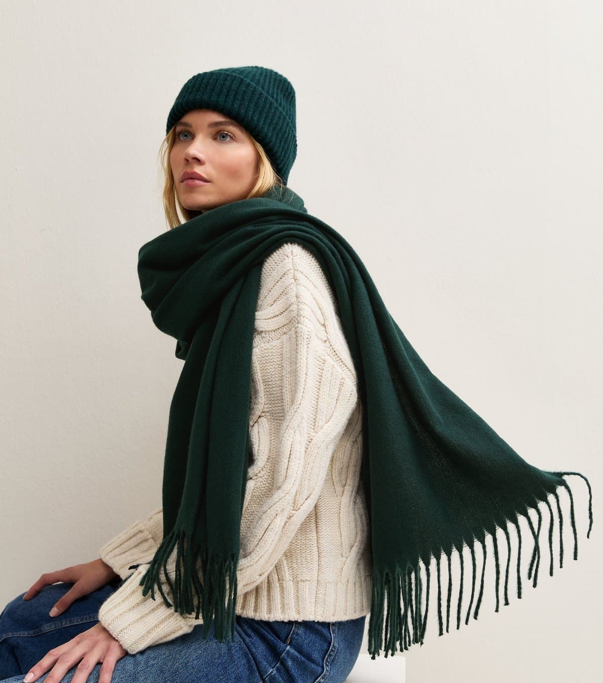 New Look Dark Green Classic Fringed Scarf New Look