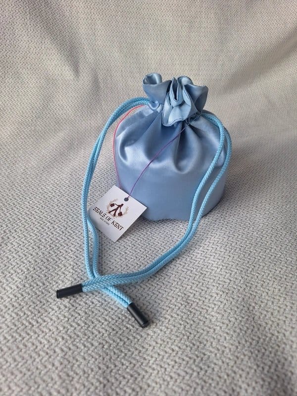Seals of Kent Handmade by Seals of Kent Blue Satin Mini Bucket Drawstring Bag, wrist Strap - 1