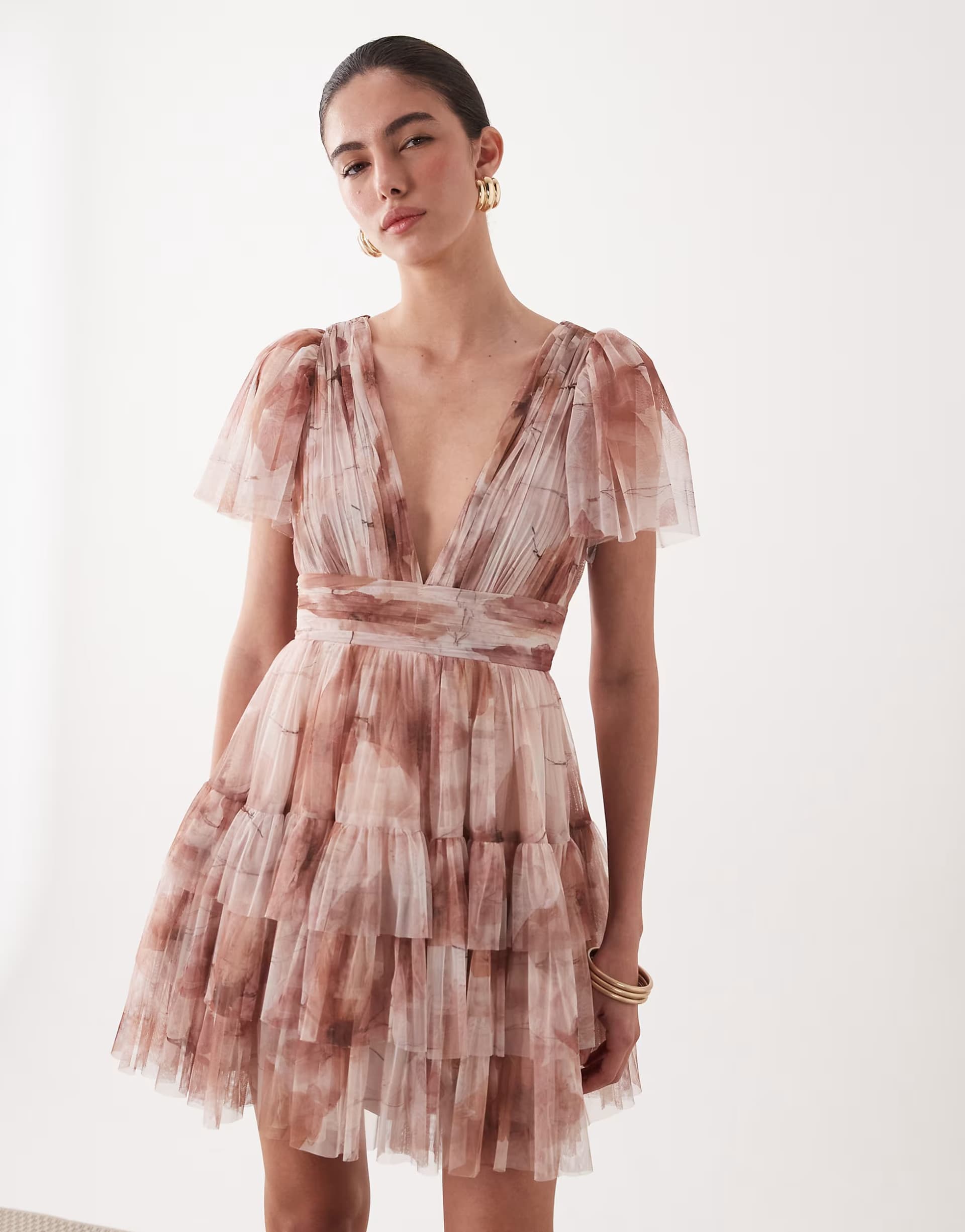 ASOS Lace & Beads v neck ruffle skirt mini dress in brown floral print