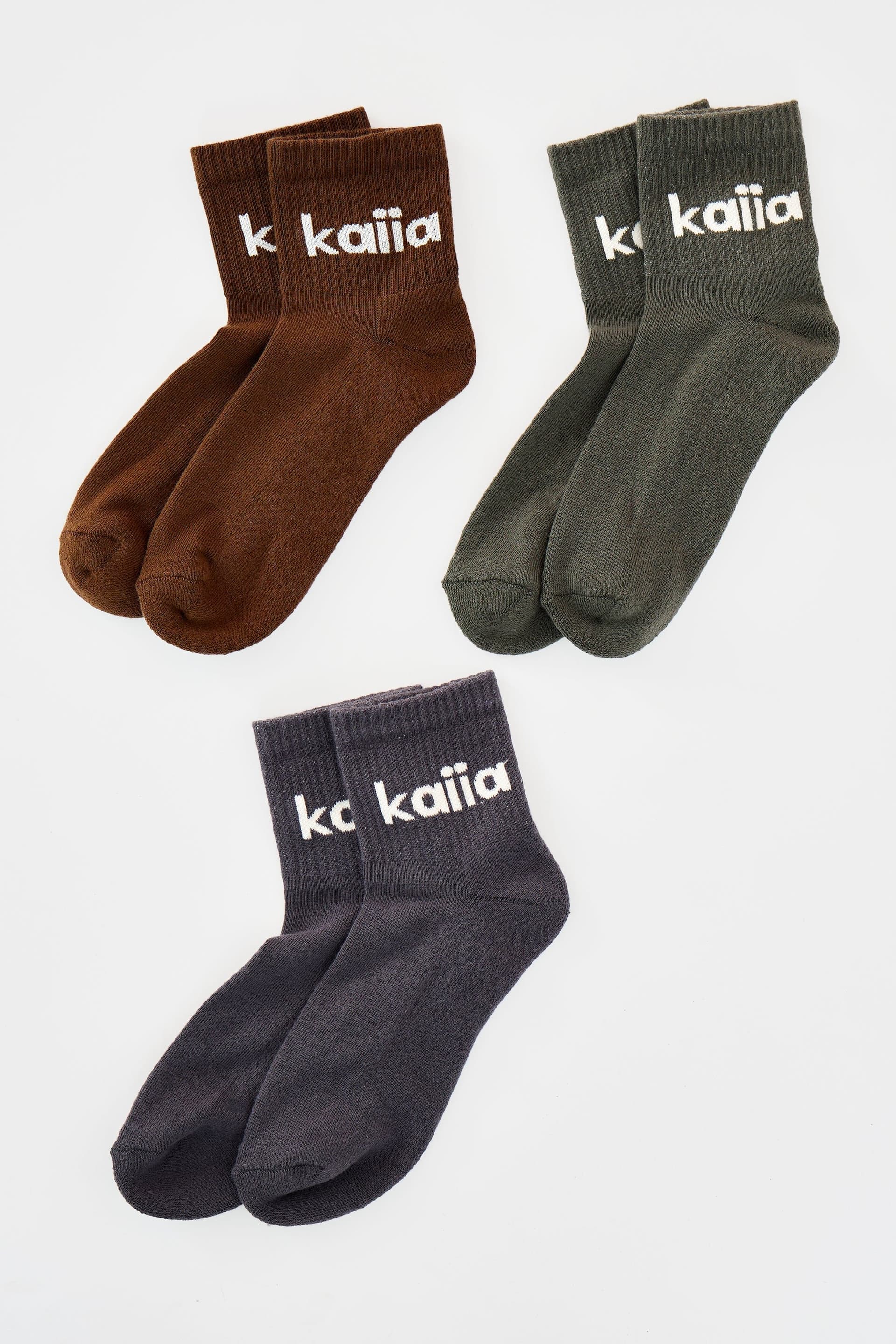 Kaiia Pack of Three Kaiia Logo Socks Brown, Grey & Green