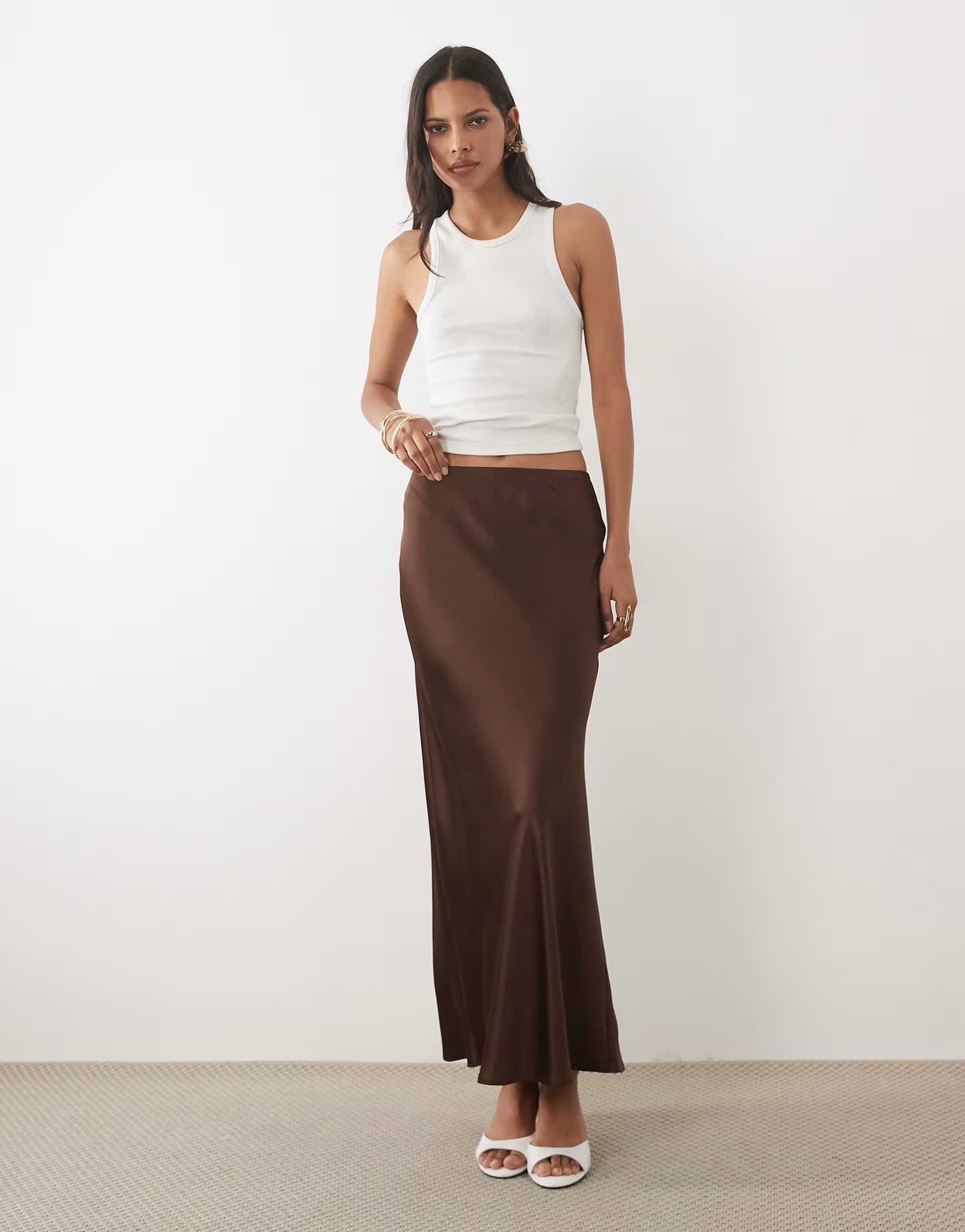 ASOS New Look satin bias maxi skirt in dark brown