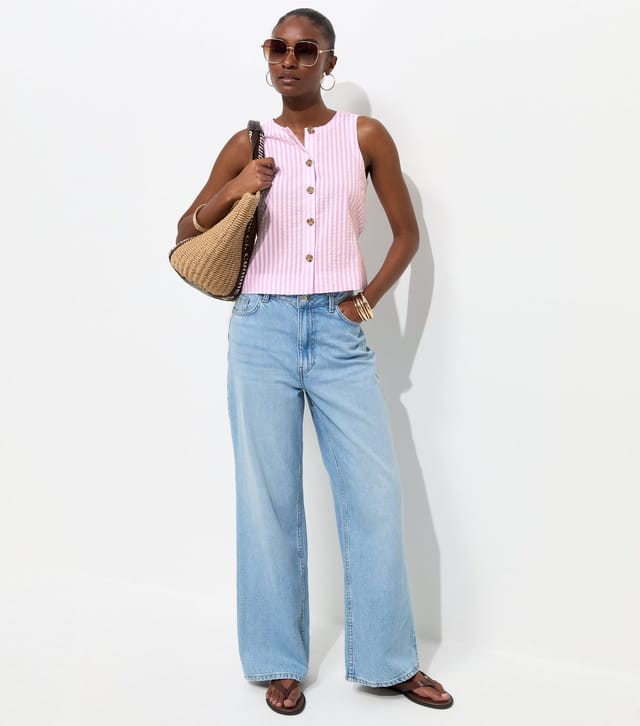 New Look Women's Pink Cotton Seersucker Stripe Button Front Sleeveless Top New Look - 3