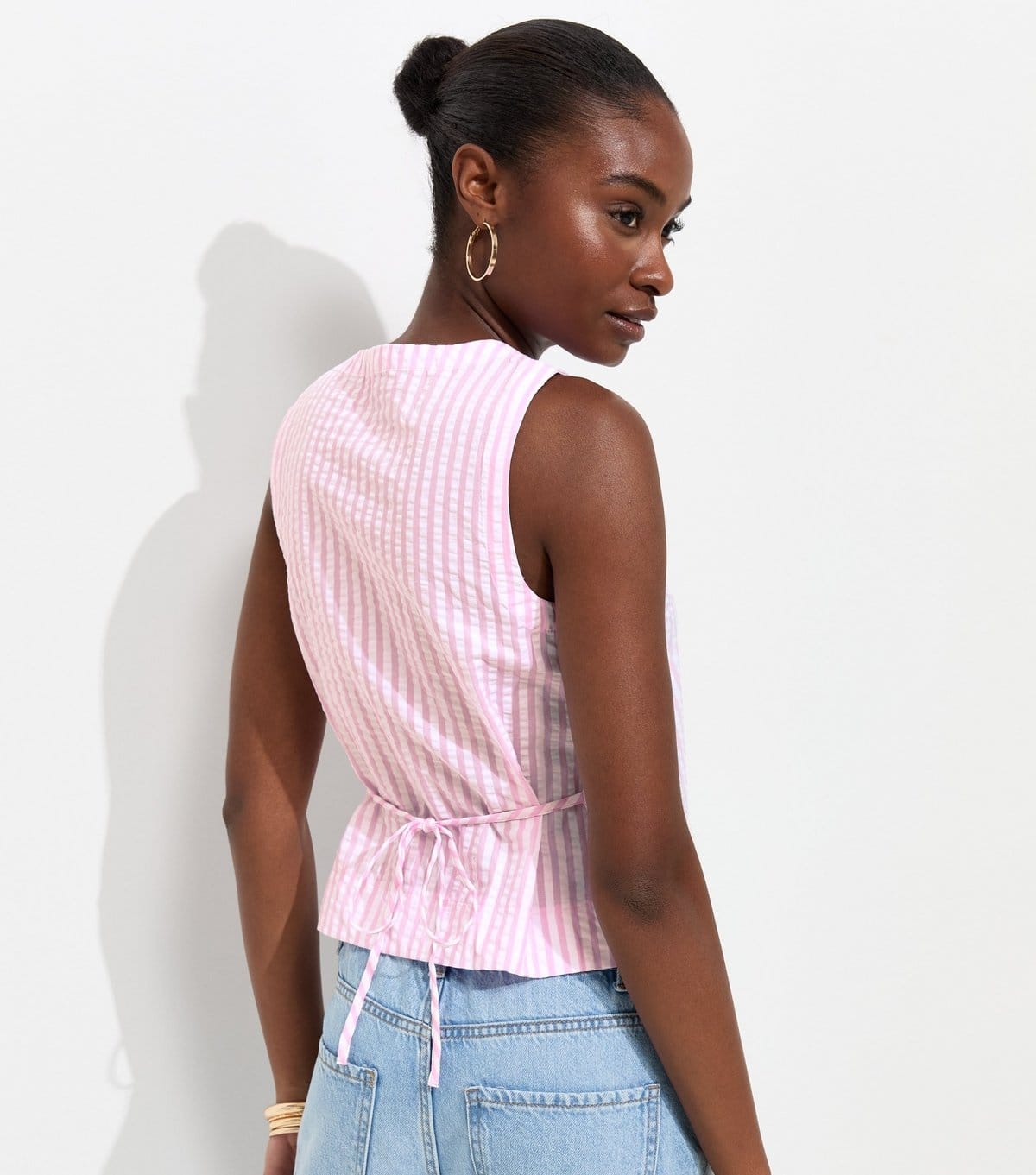 New Look Women's Pink Cotton Seersucker Stripe Button Front Sleeveless Top New Look - 4