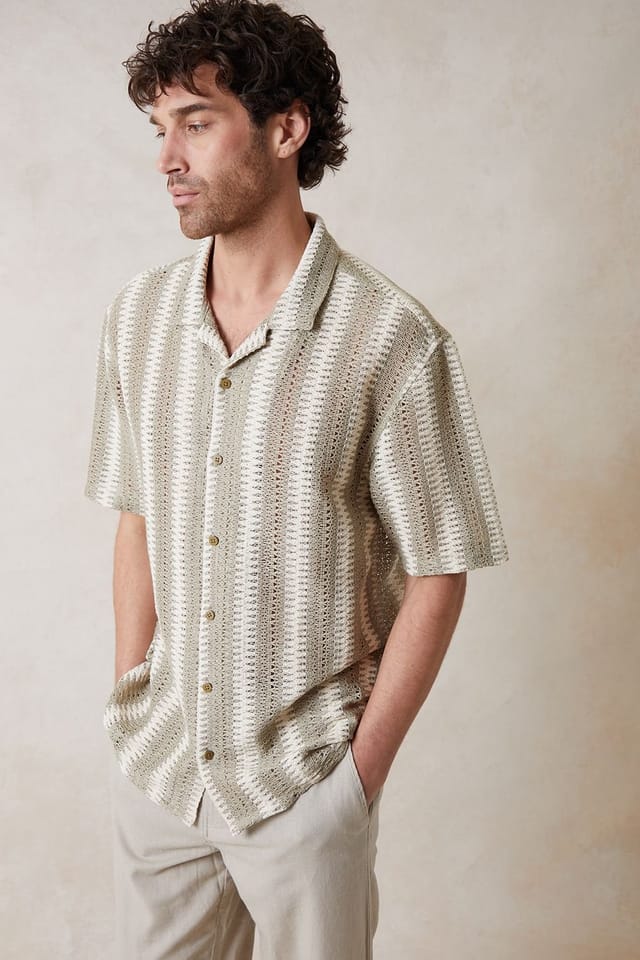 Threadbare Threadbare Men's Crochet Relaxed Fit Short Sleeve Shirt in Stone - 2