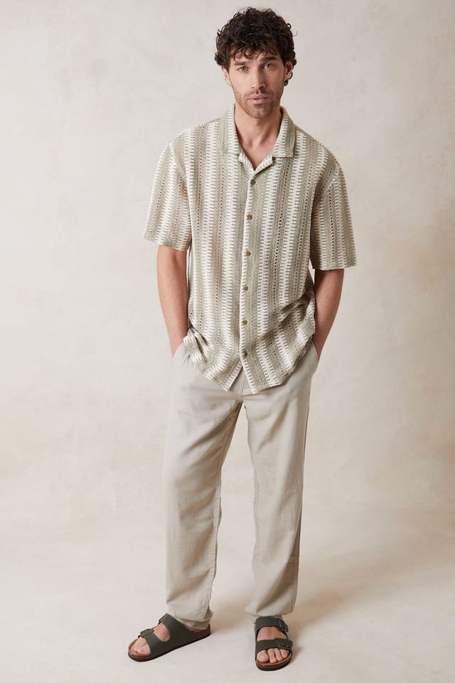 Threadbare Threadbare Men's Crochet Relaxed Fit Short Sleeve Shirt in Stone - 3