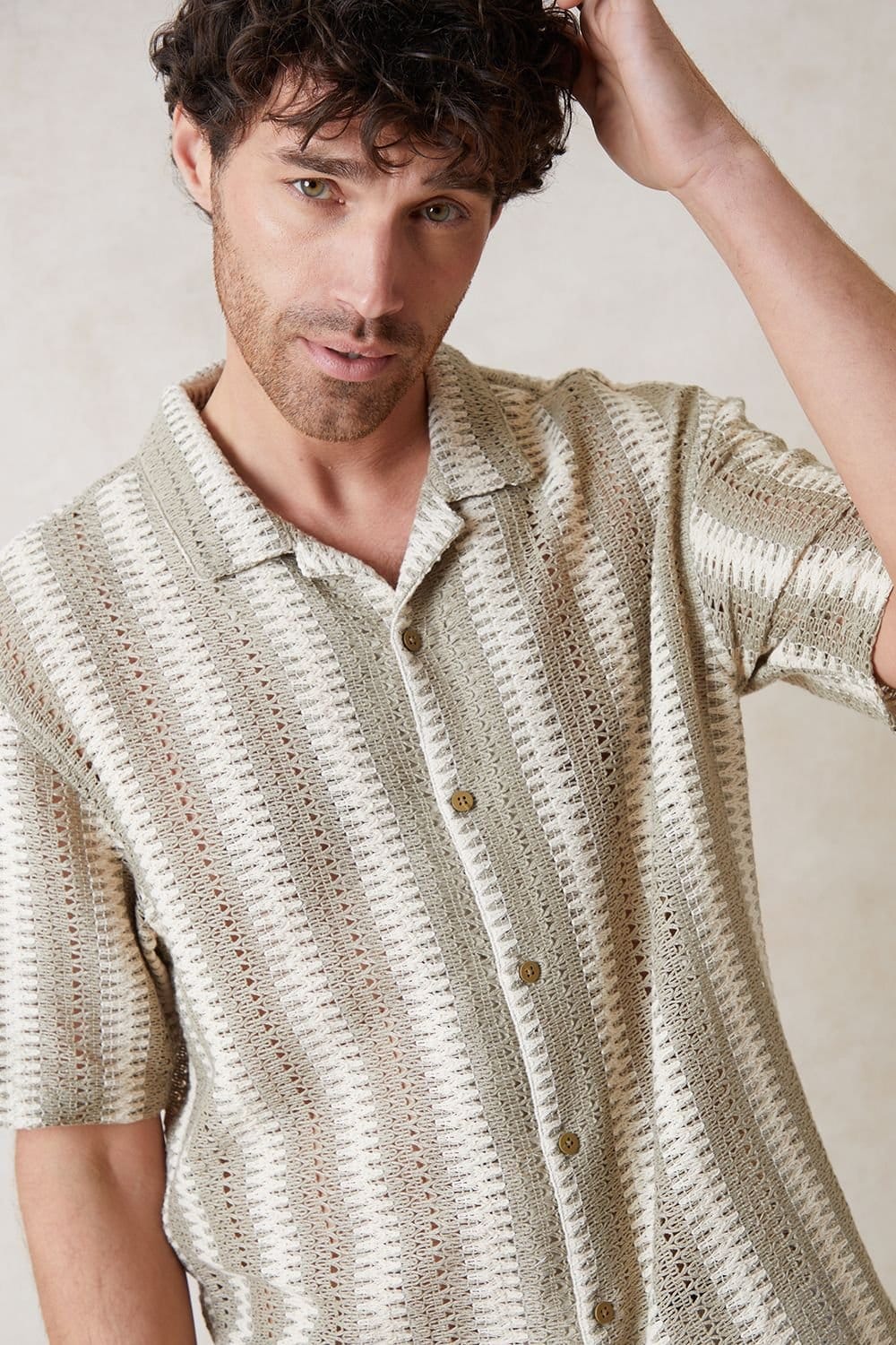 Threadbare Threadbare Men's Crochet Relaxed Fit Short Sleeve Shirt in Stone - 4